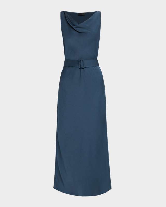 Cowl-Neck Belted Satin Midi Dress